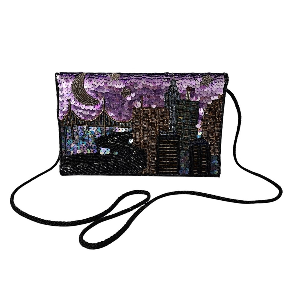 Vtg Clutch Purse Beaded/ Sequin City Night Scene